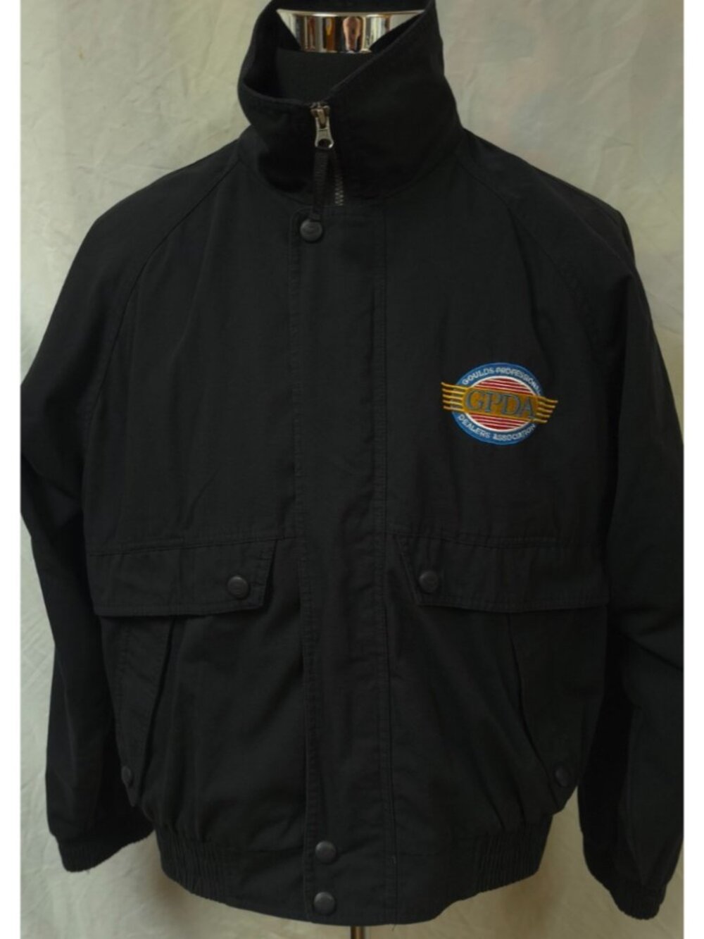 Vtg ITT Goulds Pumps Mens Black Large Zip Snap Lined Logo Bomber Racing Jacket